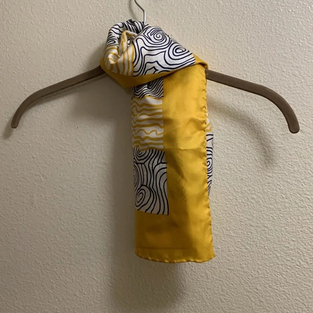 Vintage Lind Silk Scarf Yellow Black Swirls Scarf Art To Wear Geometric 26X26